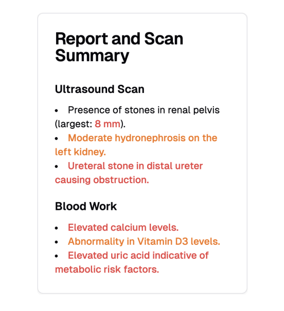 Aroki AI report and scan summary showing ultrasound and blood work abnormalities