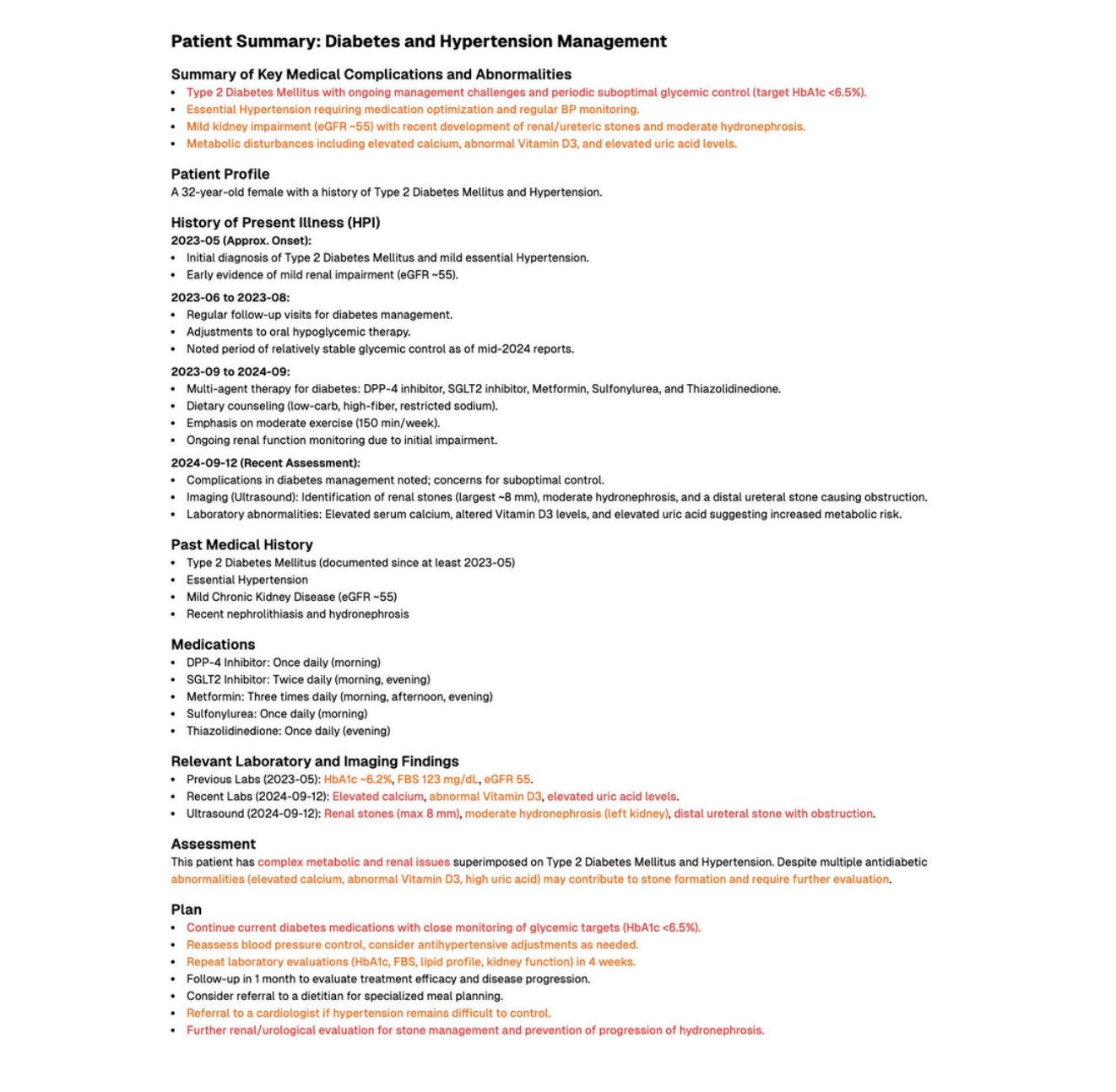 Aroki AI overall patient report combining complications, history, medications, findings, assessment, and plan