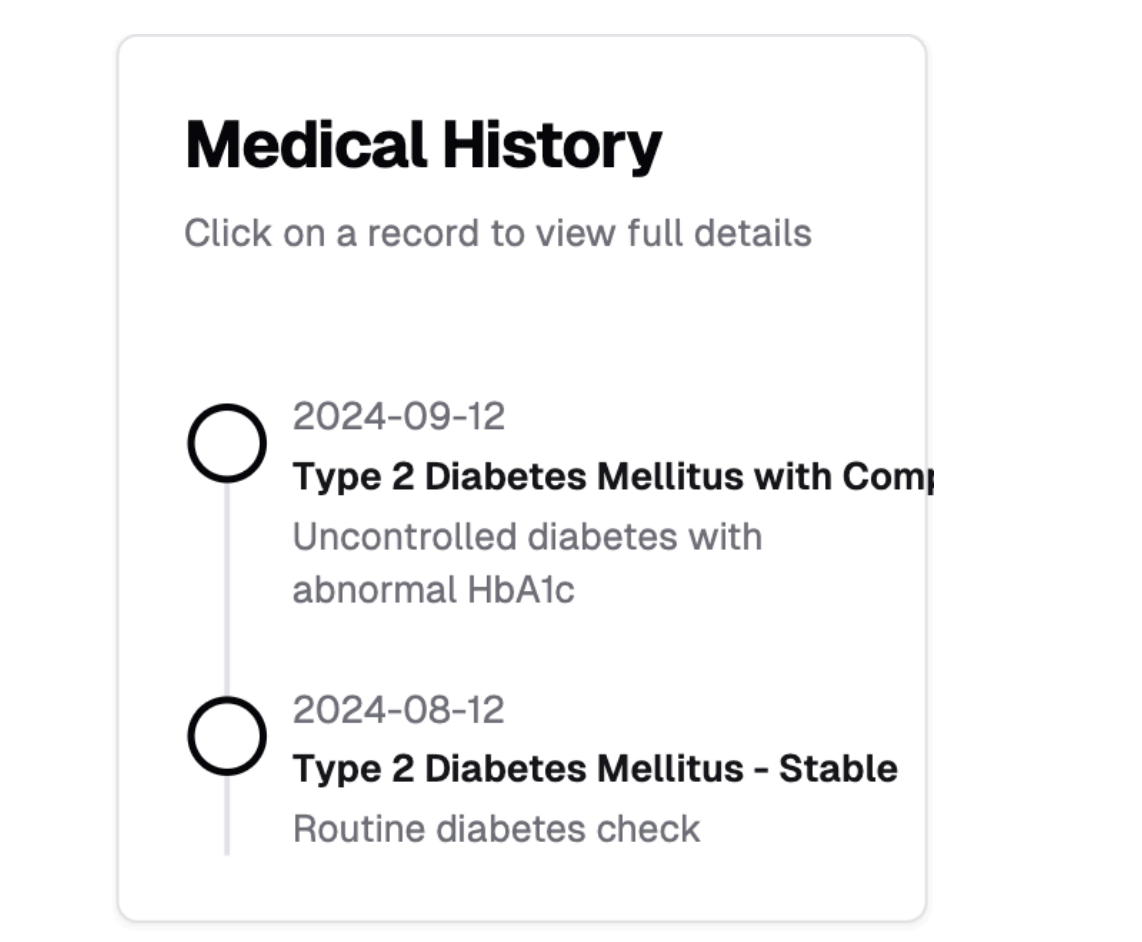 Aroki AI medical history timeline with dated records for diabetes management