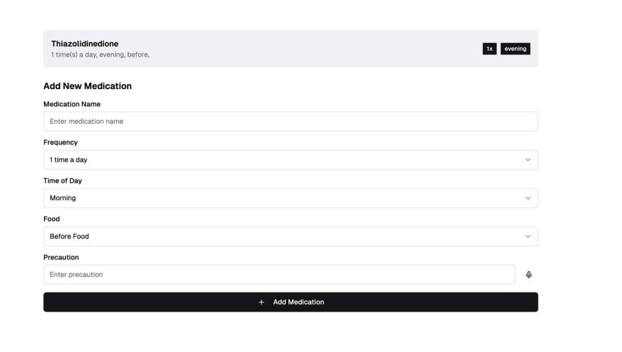 Aroki AI medication management screen with medication name, frequency, time of day, food, and precaution inputs