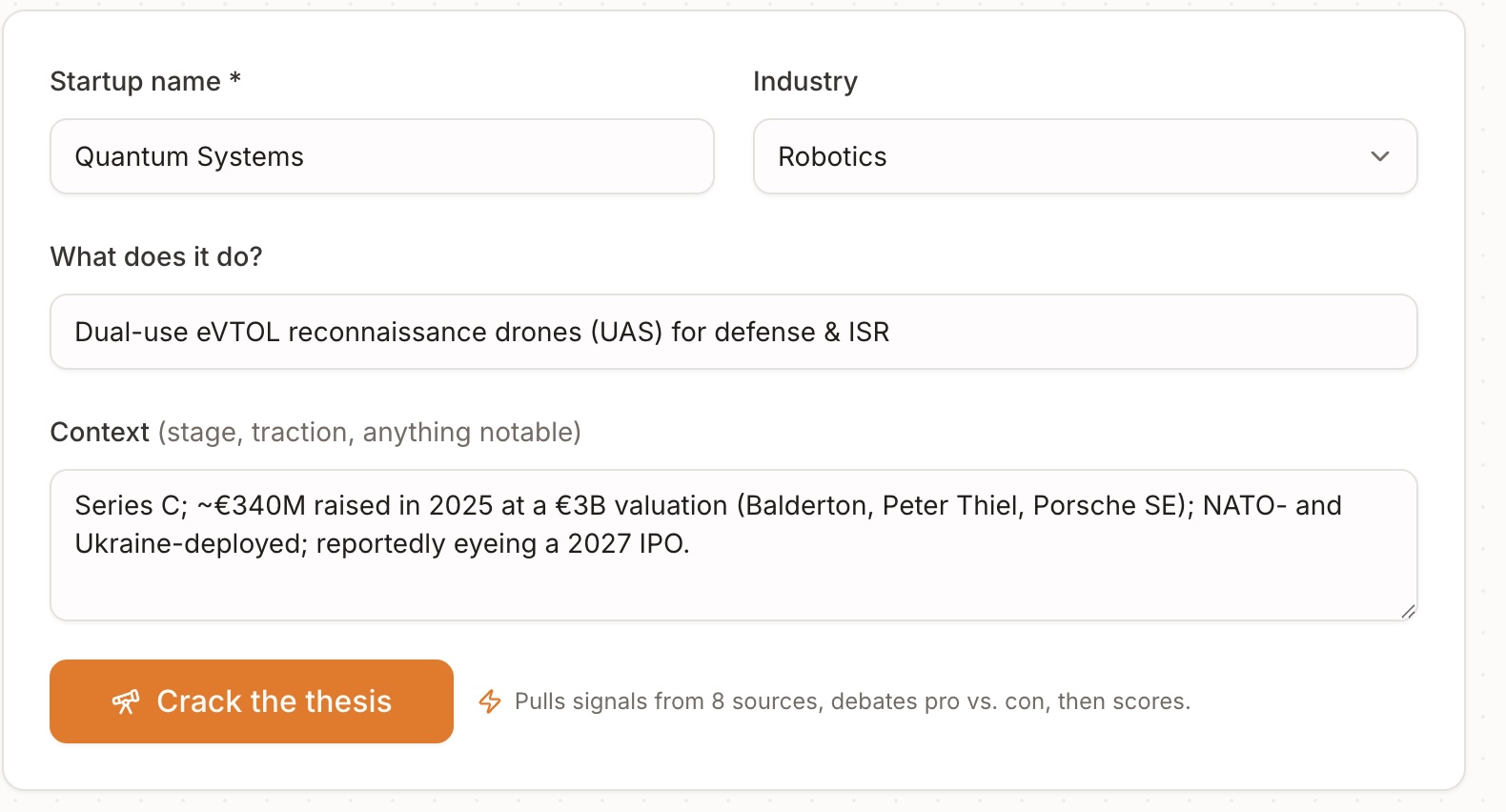 Startup Squirrel Quantum Systems example input form with company, industry, description, context, and Crack the thesis button